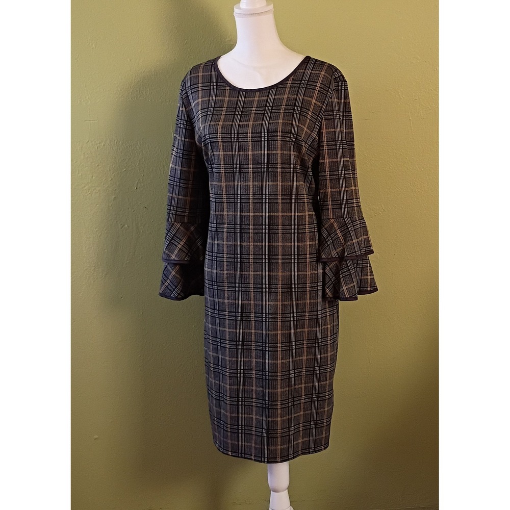 Dark Academia Career Brown Plaid Tacera Tiered Bell Sleeve Dress Womens XL Large